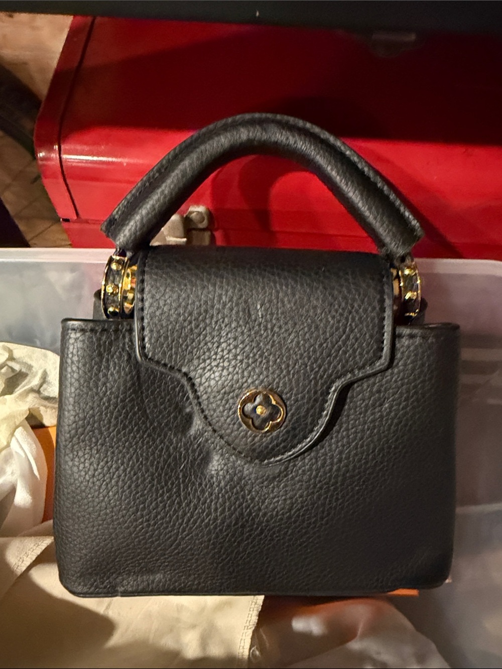 Black Mini Top-Handle Bag with Gold Accent
